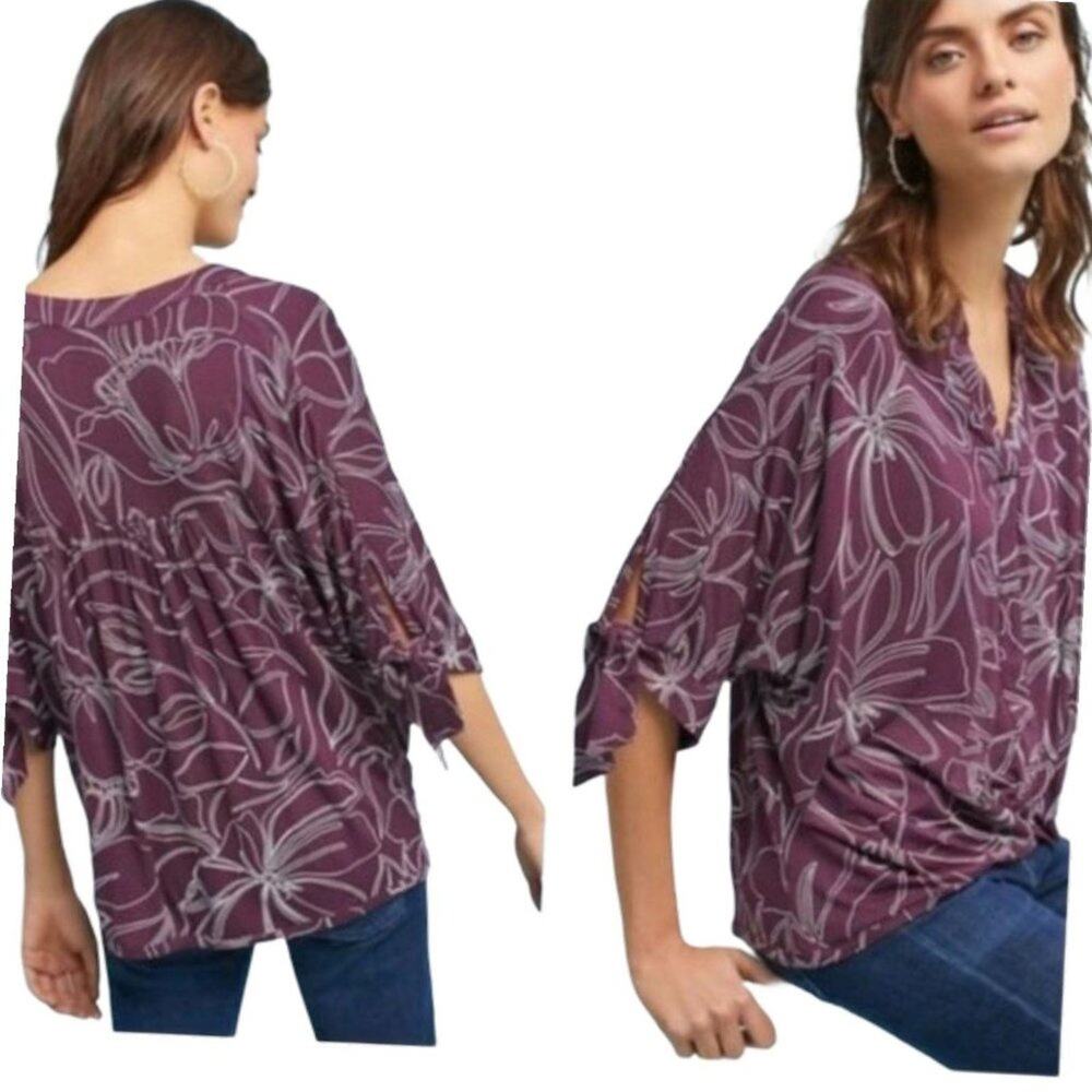 Anthropologie Akemi+Kin Knotted‎ Front Leaf Print Career Blouse XS